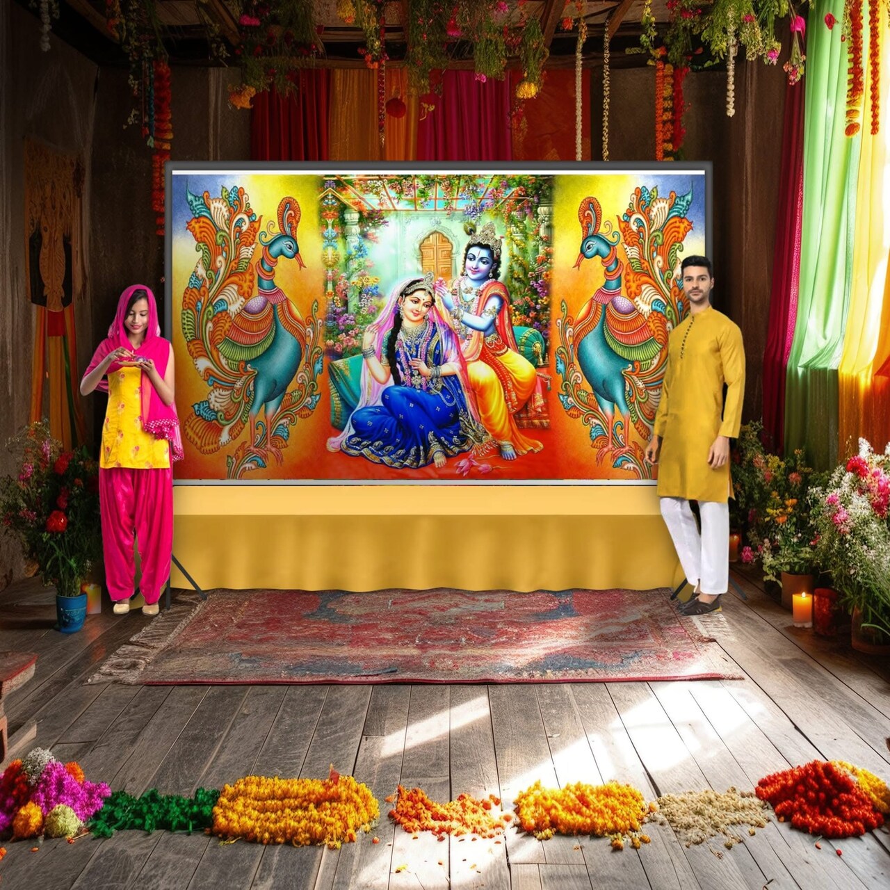 Radha Krishna with Peacock Backdrop Indian Traditional Cloth 5x8 Feet Backdrop Indian Janmashtami Decor Pooja Wall Decor Indian Wall Art Photo Decor Banner Decorative Pooja Cloth